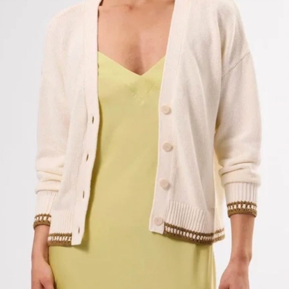 Amour Vert Cream Button-Front Cardigan with Tan Trim